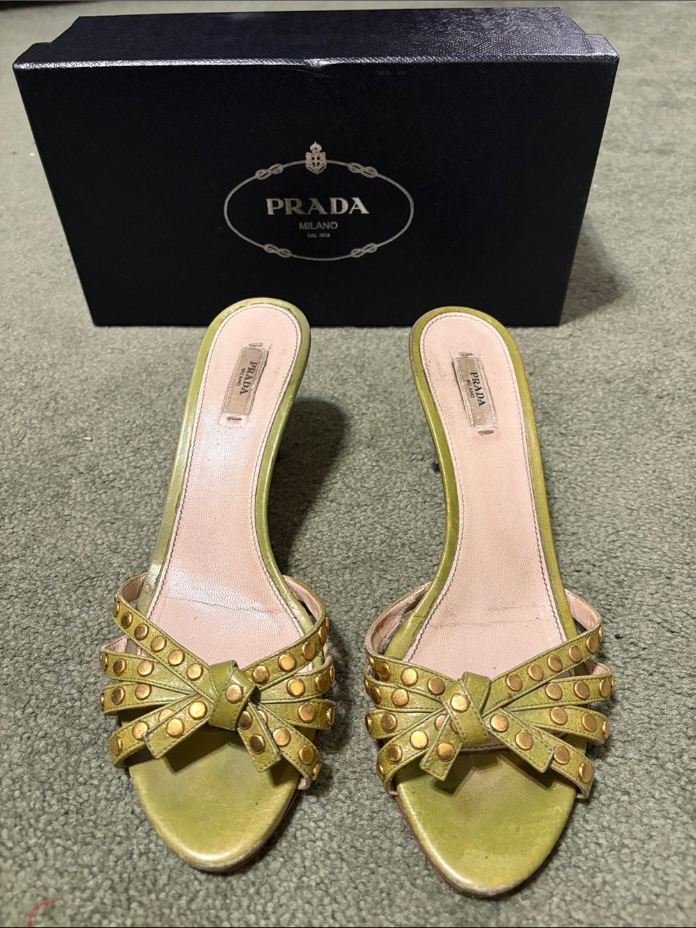 Prada Olive Green Studded Leather Kitten Heel Mules - Picture 2 of 5